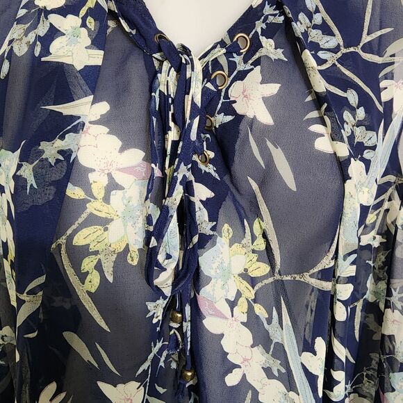 Umgee Womens Swim Coverup Sz Medium Sheer Floral Blue Sleeveless Ties Mini Dress - Picture 7 of 10